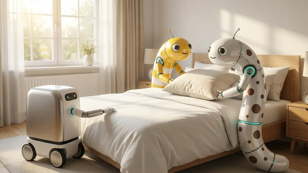 寝室で、車輪つきのロボットと一緒にベッドを整える、ロボットになったしーまとにょろ吉（イメージ画像・AIで作成）